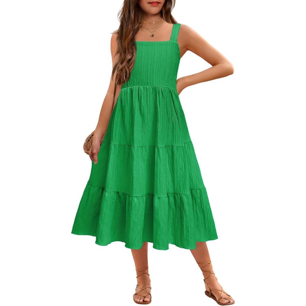 image:imageArshiner Girls Sundresses Summer Boho Strap Tiered Cami Maxi Dresses with PocketsGreen