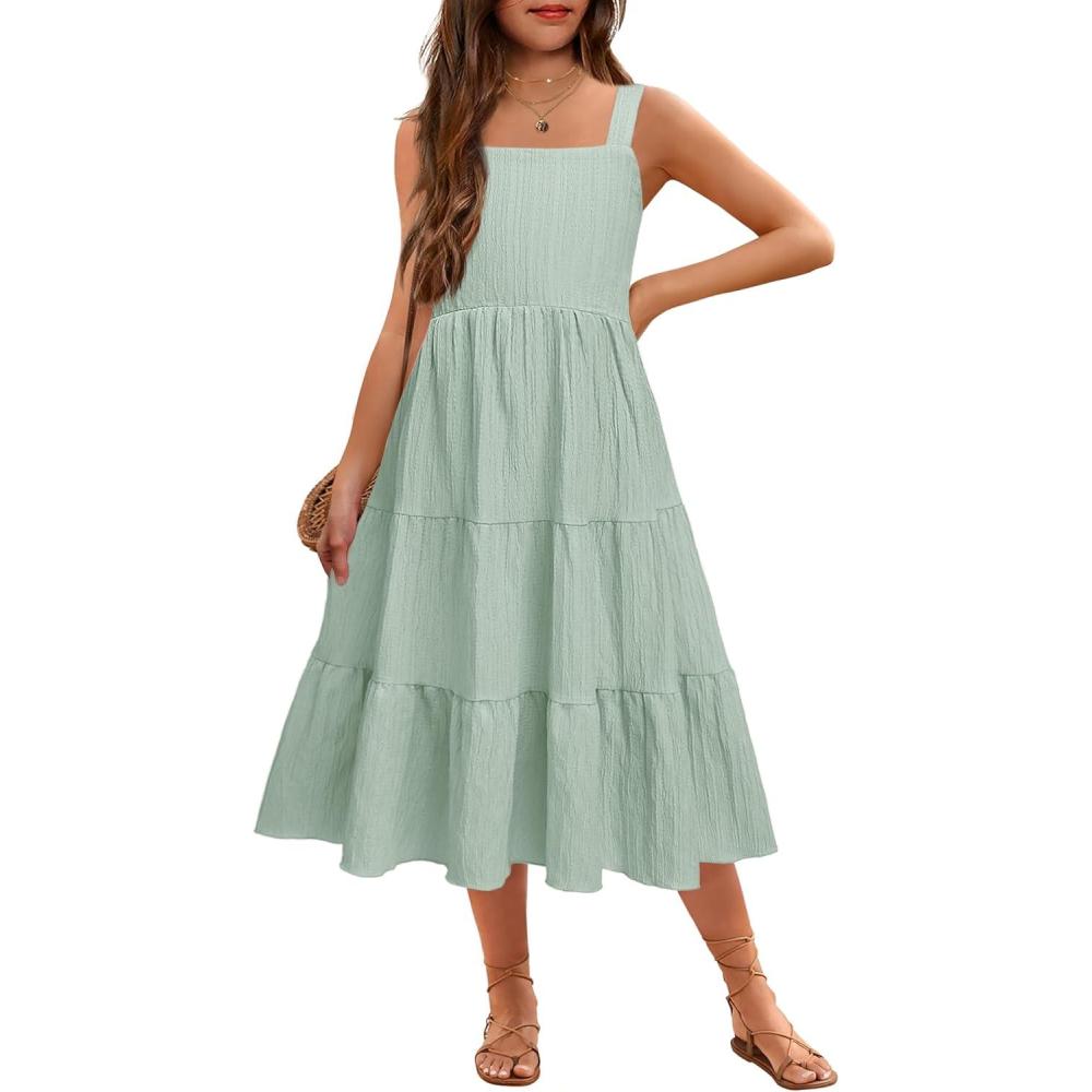 image:imageArshiner Girls Sundresses Summer Boho Strap Tiered Cami Maxi Dresses with PocketsIce Green