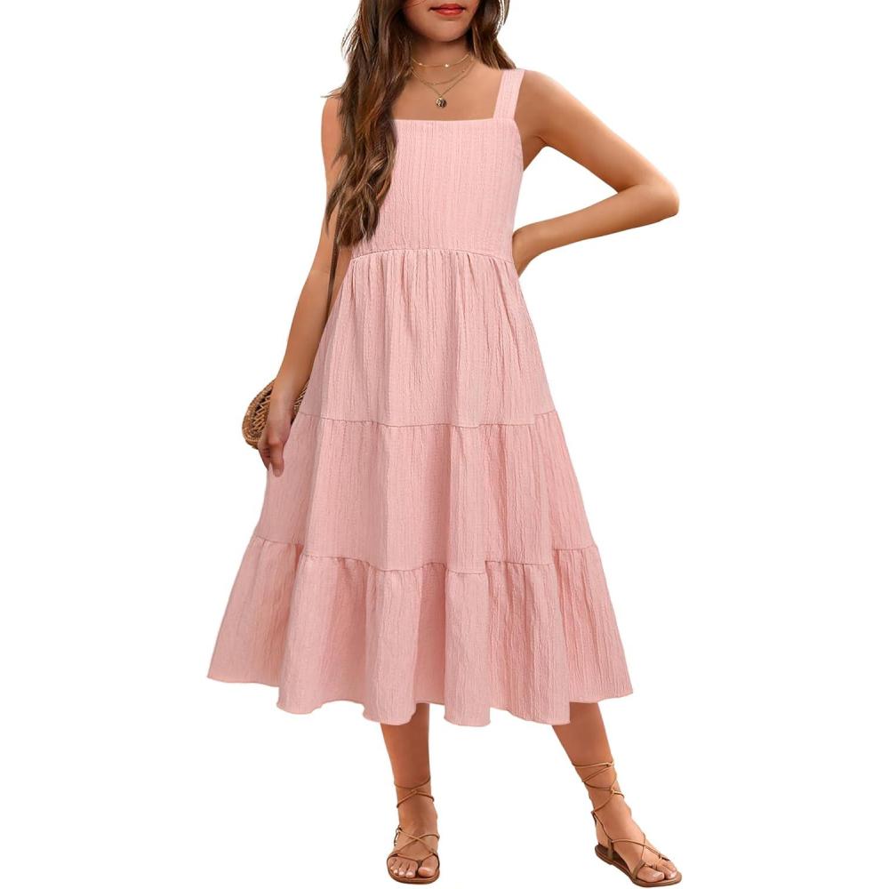 image:imageArshiner Girls Sundresses Summer Boho Strap Tiered Cami Maxi Dresses with PocketsLight Pink