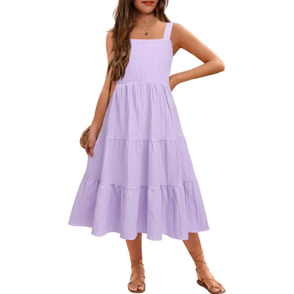 image:imageArshiner Girls Sundresses Summer Boho Strap Tiered Cami Maxi Dresses with PocketsLilac