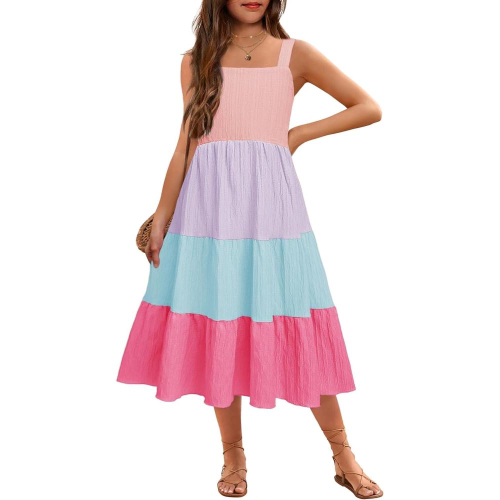 image:imageArshiner Girls Sundresses Summer Boho Strap Tiered Cami Maxi Dresses with PocketsPink Purple Blue
