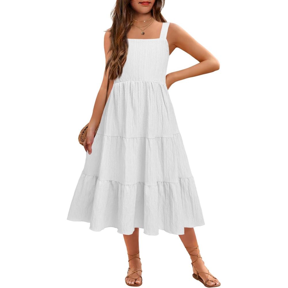 image:imageArshiner Girls Sundresses Summer Boho Strap Tiered Cami Maxi Dresses with PocketsWhite