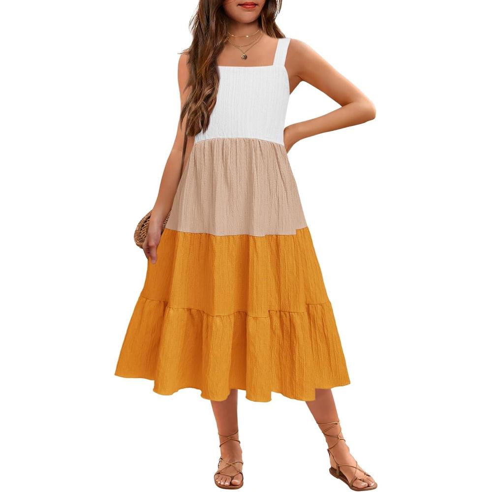 image:imageArshiner Girls Sundresses Summer Boho Strap Tiered Cami Maxi Dresses with PocketsYellow Colorblock