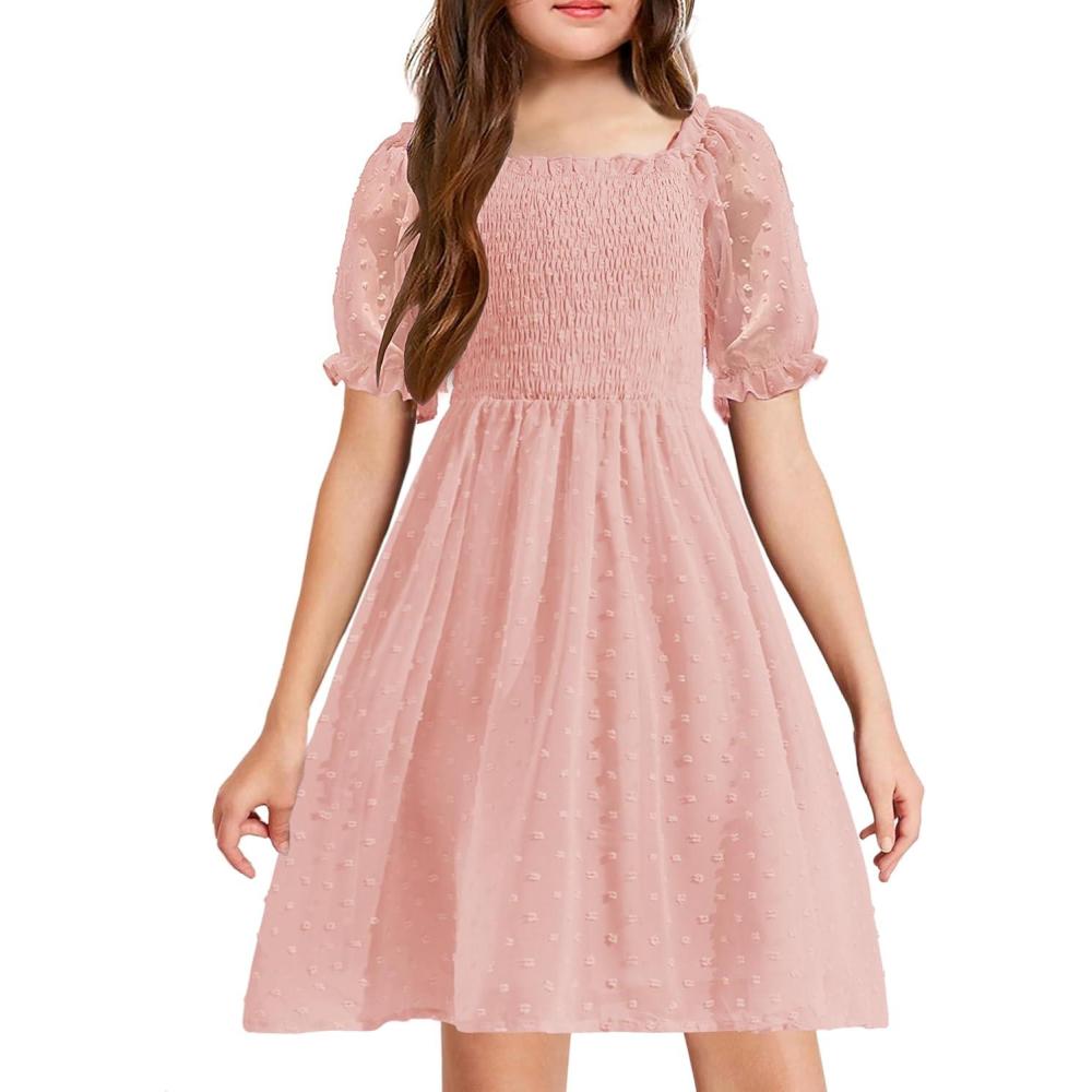 image:imageArshiner Girls Swiss Dot Chiffon Dress Puffy Sleeve Square Neck Smocked Flowy Midi Dresses 514 YearsLight Pink