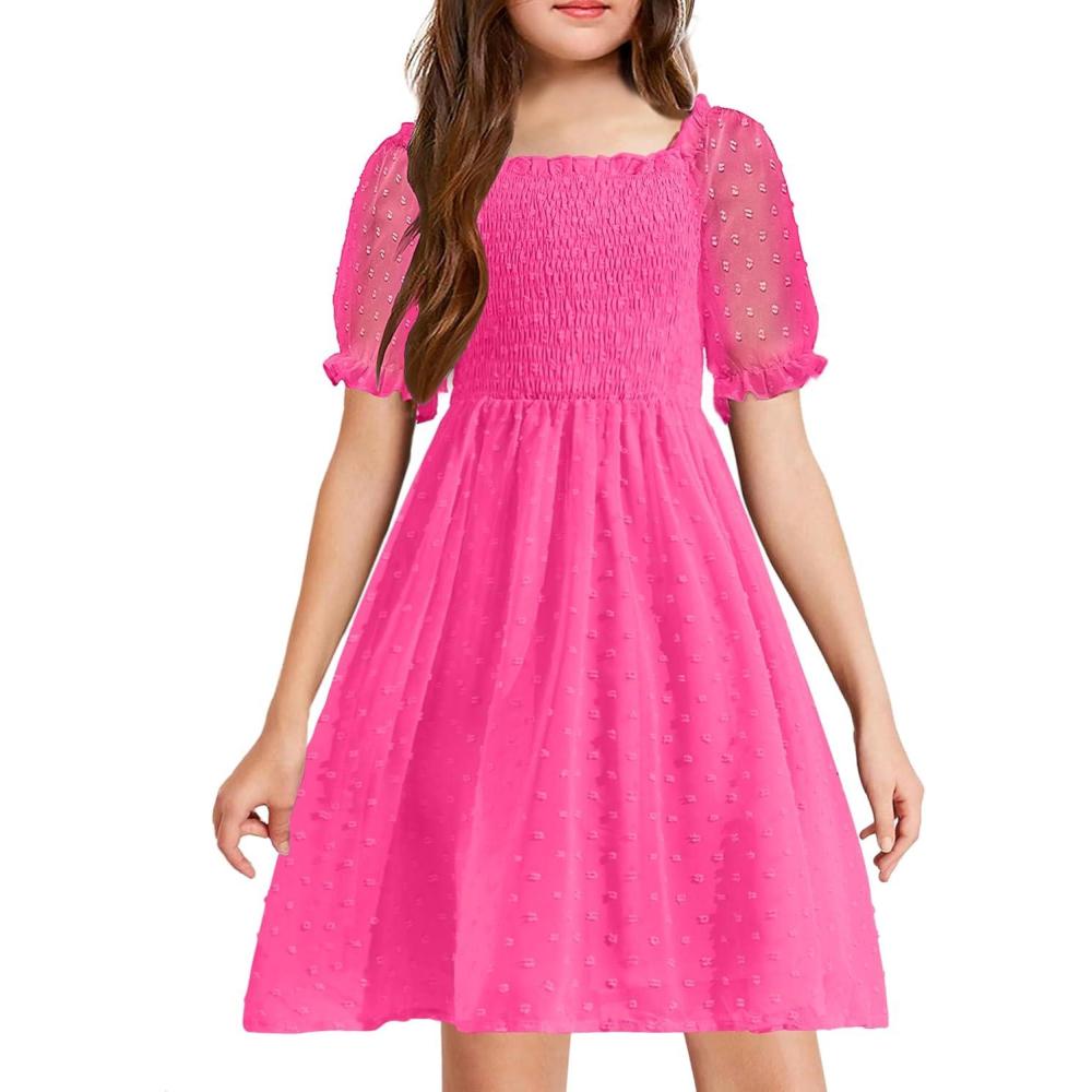 image:imageArshiner Girls Swiss Dot Chiffon Dress Puffy Sleeve Square Neck Smocked Flowy Midi Dresses 514 YearsRose Red