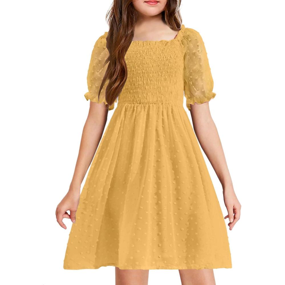 image:imageArshiner Girls Swiss Dot Chiffon Dress Puffy Sleeve Square Neck Smocked Flowy Midi Dresses 514 YearsYellow