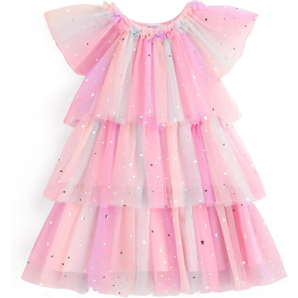 image:imageArshiner Girls Tulle Dress Toddler Layered Tutu Dresses Rainbow Sequin Summer Party Birthday Wedding Cake Dress Photo ShootPink Rainbow
