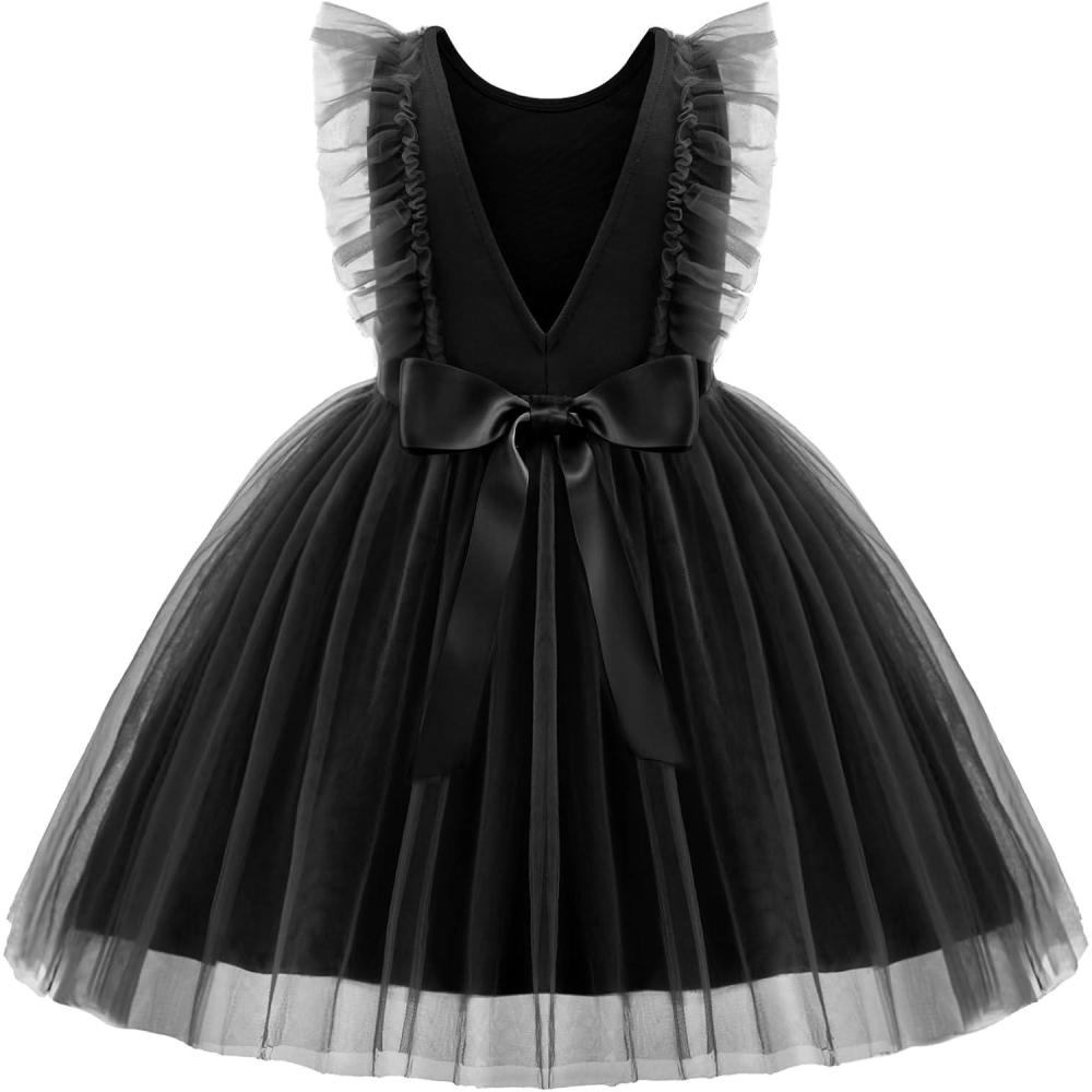 image:imageArshiner Toddler Dress Summer Ruffle Sleeve VBack Tie Waist Flower Girl Dresses Wedding Tulle Outfit 28YBlack