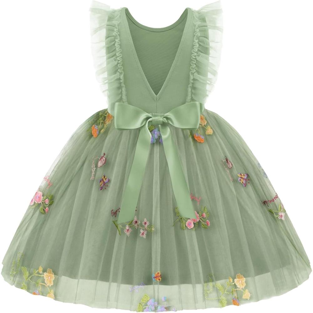 image:imageArshiner Toddler Dress Summer Ruffle Sleeve VBack Tie Waist Flower Girl Dresses Wedding Tulle Outfit 28YGreen Flower