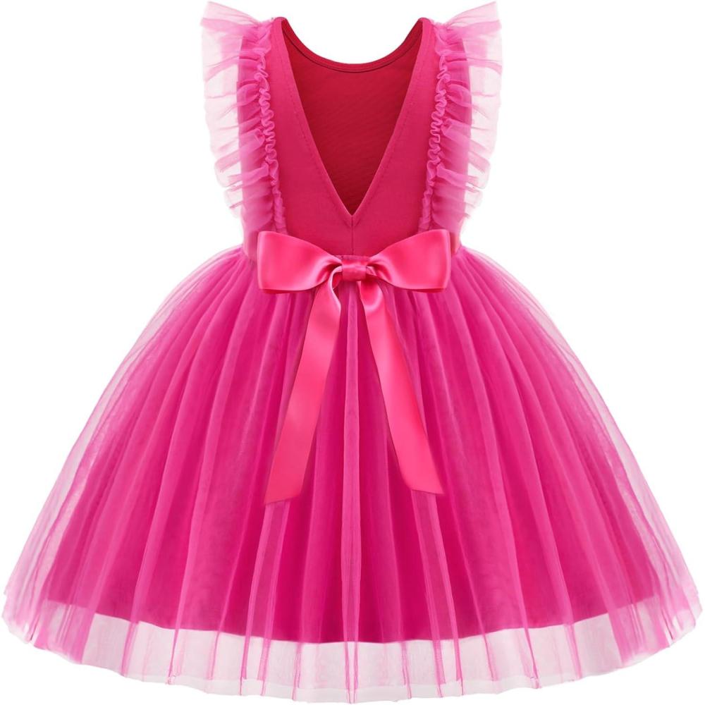 image:imageArshiner Toddler Dress Summer Ruffle Sleeve VBack Tie Waist Flower Girl Dresses Wedding Tulle Outfit 28YHot Pink