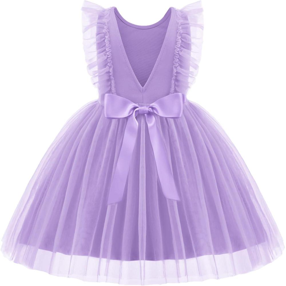 image:imageArshiner Toddler Dress Summer Ruffle Sleeve VBack Tie Waist Flower Girl Dresses Wedding Tulle Outfit 28YLilac