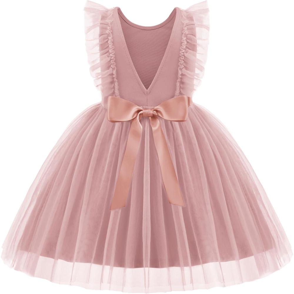 image:imageArshiner Toddler Dress Summer Ruffle Sleeve VBack Tie Waist Flower Girl Dresses Wedding Tulle Outfit 28YPink