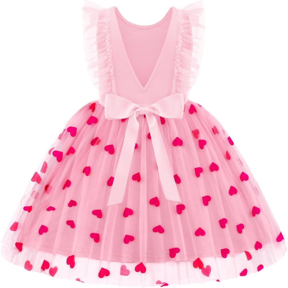 image:imageArshiner Toddler Dress Summer Ruffle Sleeve VBack Tie Waist Flower Girl Dresses Wedding Tulle Outfit 28YPink Heart