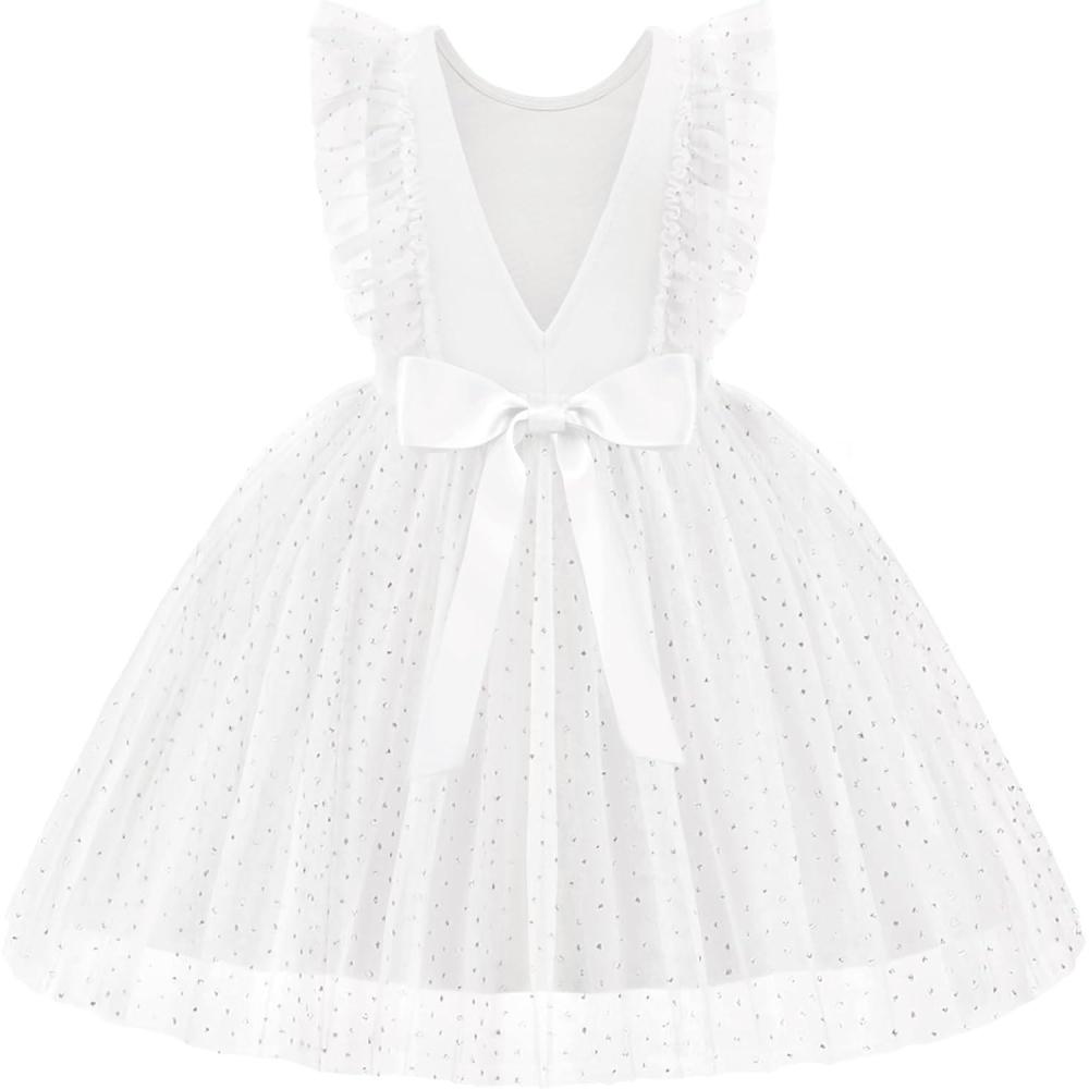 image:imageArshiner Toddler Dress Summer Ruffle Sleeve VBack Tie Waist Flower Girl Dresses Wedding Tulle Outfit 28YWhite Shiny