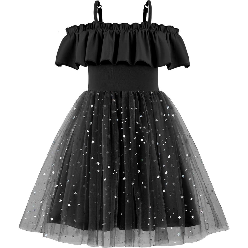 image:imageArshiner Toddler Girl Tulle Dress Girls Sequin Summer Dresses Off Shoulder Flutter Formal Birthday Party Princess DressBlack