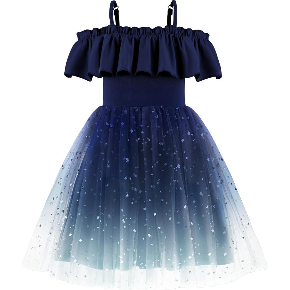 image:imageArshiner Toddler Girl Tulle Dress Girls Sequin Summer Dresses Off Shoulder Flutter Formal Birthday Party Princess DressNavy Gradient