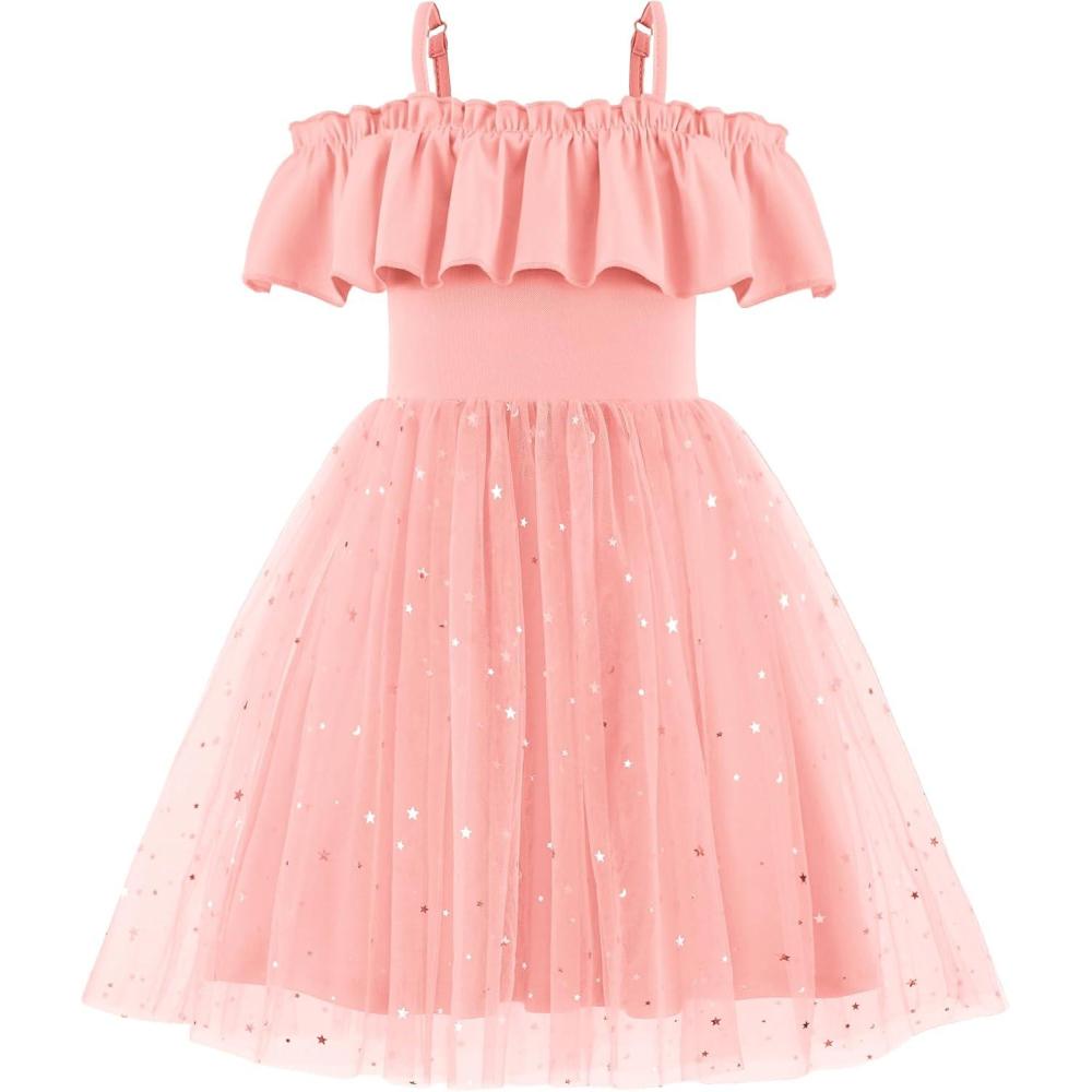 image:imageArshiner Toddler Girl Tulle Dress Girls Sequin Summer Dresses Off Shoulder Flutter Formal Birthday Party Princess DressPink