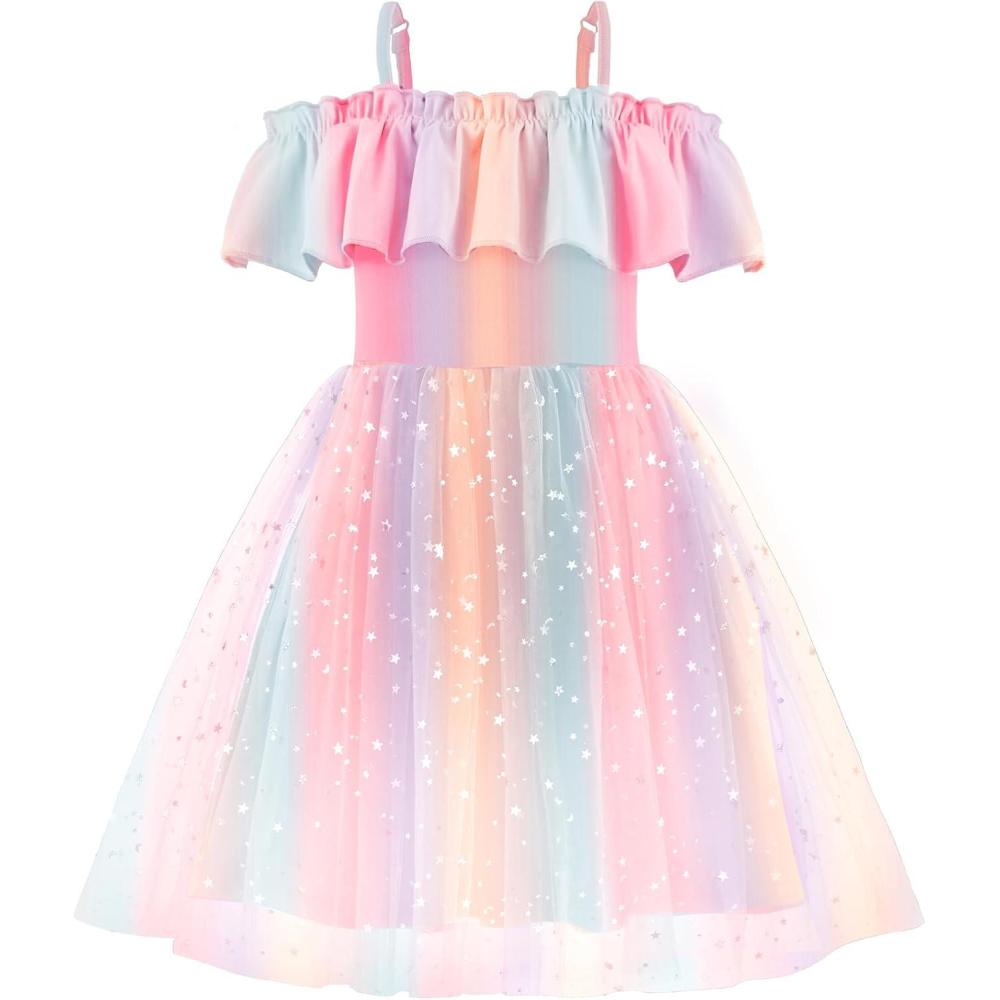 image:imageArshiner Toddler Girl Tulle Dress Girls Sequin Summer Dresses Off Shoulder Flutter Formal Birthday Party Princess DressRainbow