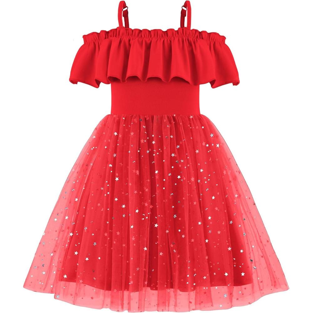image:imageArshiner Toddler Girl Tulle Dress Girls Sequin Summer Dresses Off Shoulder Flutter Formal Birthday Party Princess DressRed