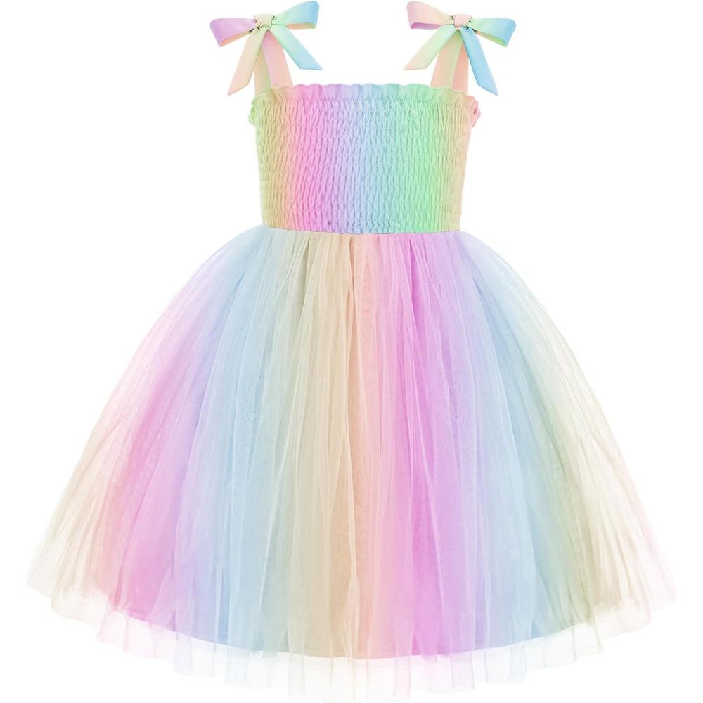 image:imageArshiner Toddler Girl Tutu Dress Summer BowTie Straps Casual Dresses Kids Princess Flowy Swing Clothes for 27YRainbow