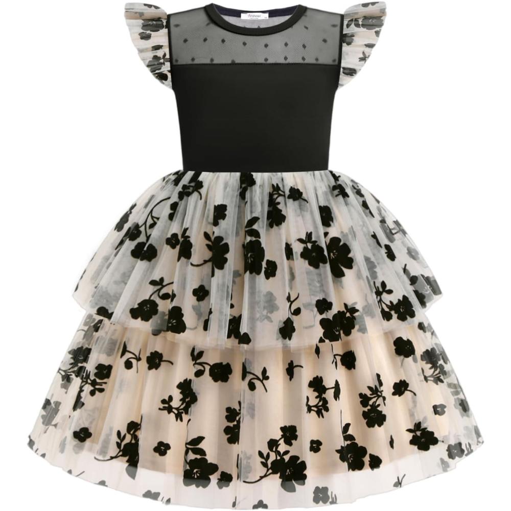 image:imageArshiner Toddler Girls Tutu Sundress Ruffle Sleeve Double Fluffy Tiered Tulle Summer Dresses for Kids 28YBlack Floral