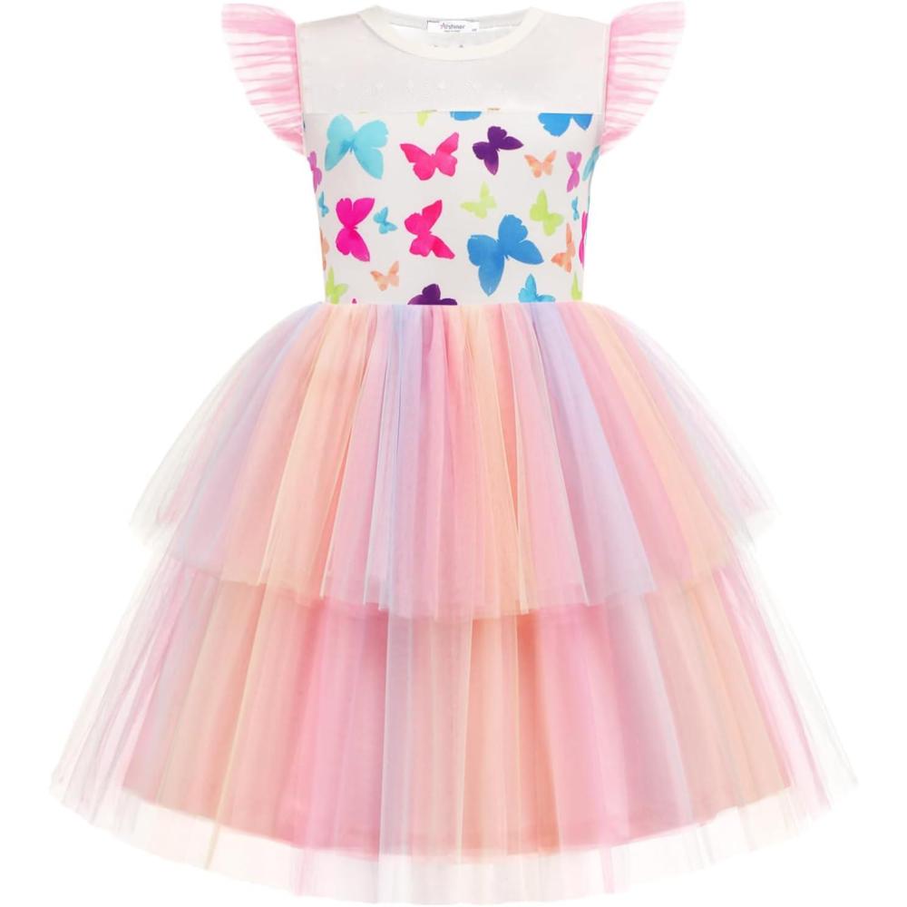 image:imageArshiner Toddler Girls Tutu Sundress Ruffle Sleeve Double Fluffy Tiered Tulle Summer Dresses for Kids 28YButterfly Rainbow