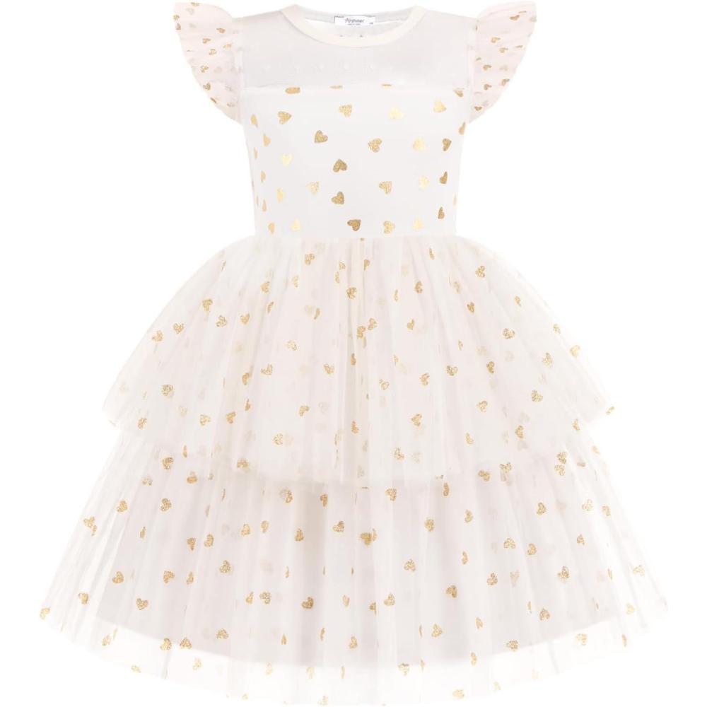 image:imageArshiner Toddler Girls Tutu Sundress Ruffle Sleeve Double Fluffy Tiered Tulle Summer Dresses for Kids 28YGolden Heart