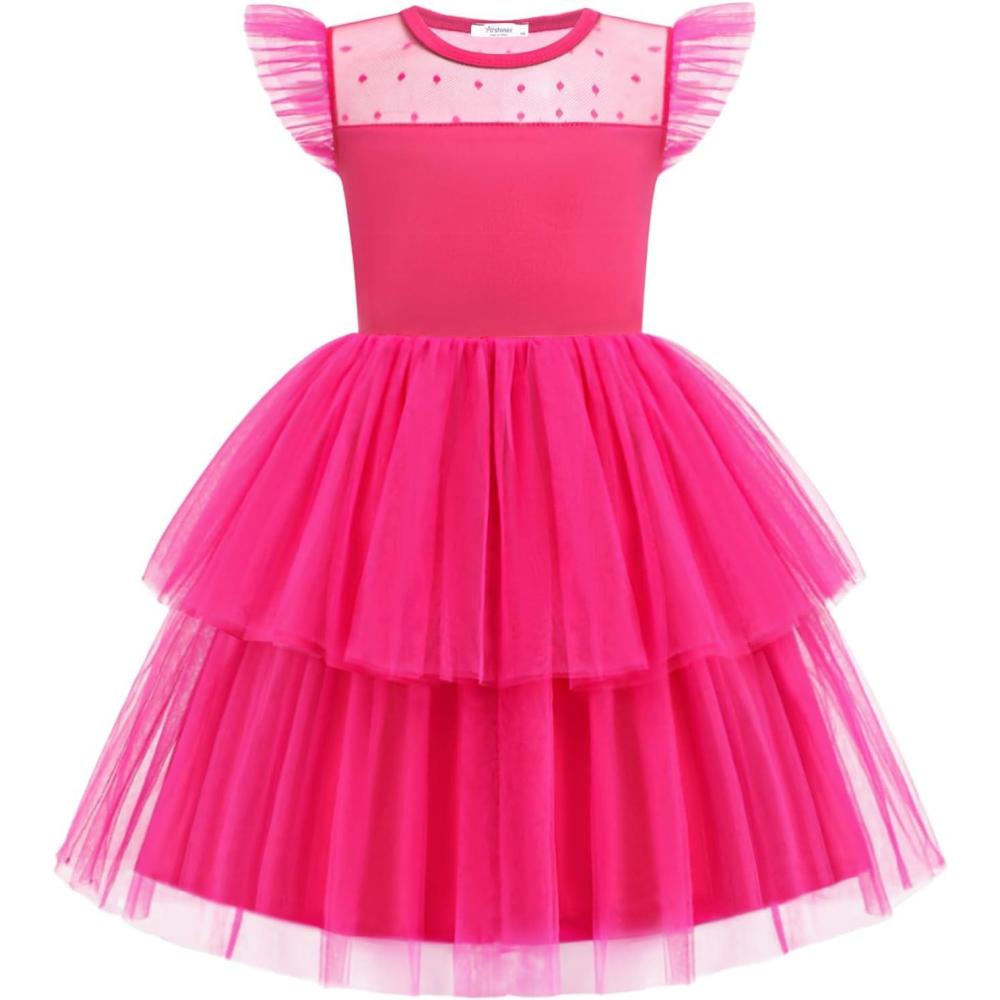 image:imageArshiner Toddler Girls Tutu Sundress Ruffle Sleeve Double Fluffy Tiered Tulle Summer Dresses for Kids 28YHot Pink