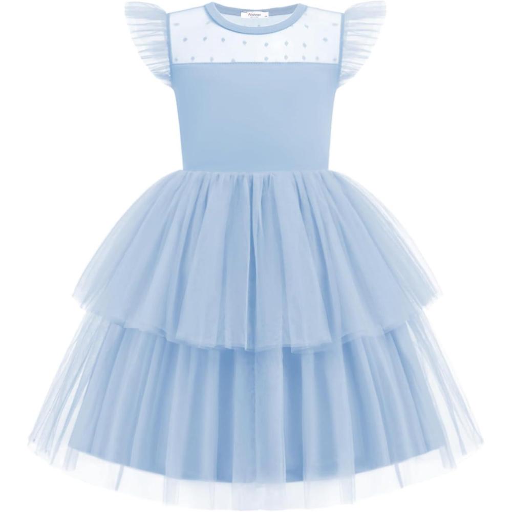 image:imageArshiner Toddler Girls Tutu Sundress Ruffle Sleeve Double Fluffy Tiered Tulle Summer Dresses for Kids 28YLight Blue