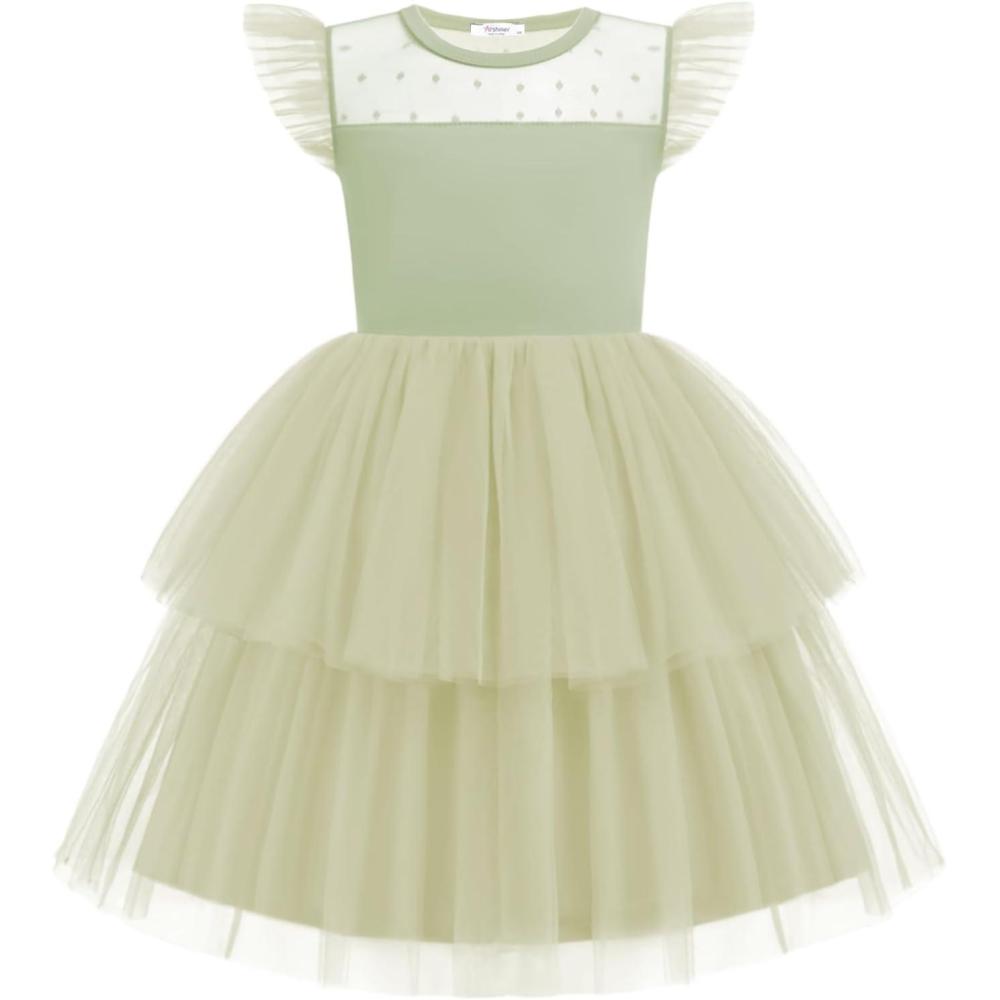 image:imageArshiner Toddler Girls Tutu Sundress Ruffle Sleeve Double Fluffy Tiered Tulle Summer Dresses for Kids 28YLight Green