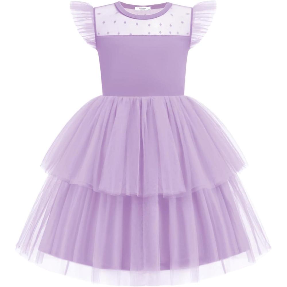 image:imageArshiner Toddler Girls Tutu Sundress Ruffle Sleeve Double Fluffy Tiered Tulle Summer Dresses for Kids 28YLilac