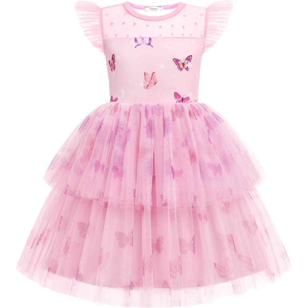 image:imageArshiner Toddler Girls Tutu Sundress Ruffle Sleeve Double Fluffy Tiered Tulle Summer Dresses for Kids 28YPink Butterfly