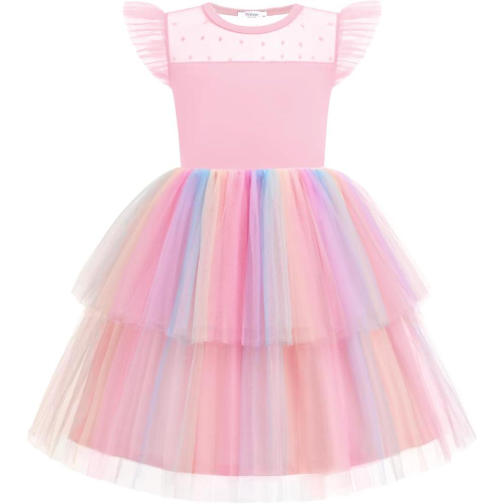 image:imageArshiner Toddler Girls Tutu Sundress Ruffle Sleeve Double Fluffy Tiered Tulle Summer Dresses for Kids 28YPink Rainbow