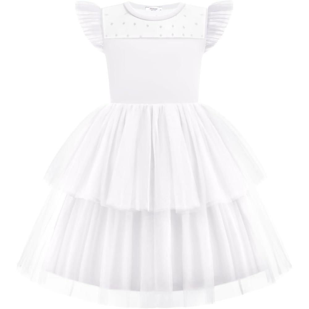 image:imageArshiner Toddler Girls Tutu Sundress Ruffle Sleeve Double Fluffy Tiered Tulle Summer Dresses for Kids 28YWhite