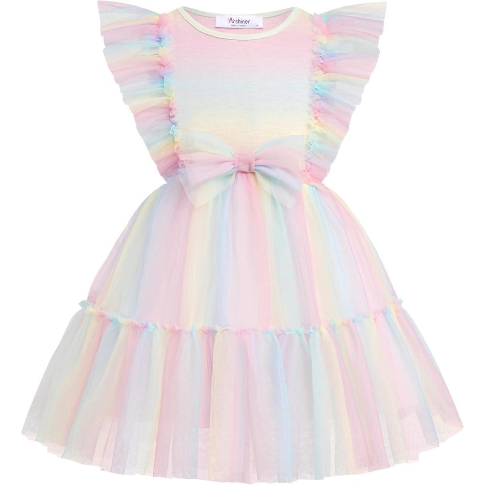 image:imageArshiner Toddler Tutu Dress Girls Tulle Ruffle Bowknot Dresses Summer Wedding Birthday Party Formal Princess Dress 26TRainbow