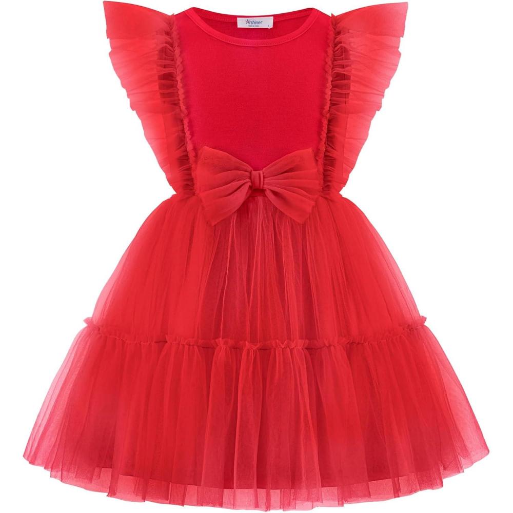 image:imageArshiner Toddler Tutu Dress Girls Tulle Ruffle Bowknot Dresses Summer Wedding Birthday Party Formal Princess Dress 26TRed