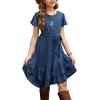 Arshiner Girls Dresses Loose Plain Casual Ruffle Swing Midi Dress with Belt for 5-14 Years(Dark Blue)