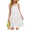 Arshiner Girl Summer Dresses Tween Boho Spaghetti Strap A-Line Swing Flowy Ruffle Tiered Sundress with Pockets(White)