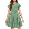 Arshiner Girls 2025 Summer Dresses Pom Poms Flutter Ruffle Sleeve Midi Polka Dot V Neck Dress with Pockets(Light Green)