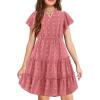 Arshiner Girls 2025 Summer Dresses Pom Poms Flutter Ruffle Sleeve Midi Polka Dot V Neck Dress with Pockets(Pink)