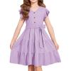Arshiner Girls Dress Short Sleeve Summer V Neck Button Removable Belt Dresses with Pockets 5-12 Y(Light Purple)