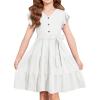 Arshiner Girls Dress Short Sleeve Summer V Neck Button Removable Belt Dresses with Pockets 5-12 Y(White)