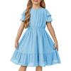 Arshiner Girls Dresses Formal Ruffle Sleeve Elegant Chiffon Party Pleated Casual Swing Dress with Pockets for 5-12 Years(Light Blue)