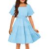 Arshiner Girls Dresses Square Neck Cut Out Shirred Party Cute Tween Dress(Light Blue)