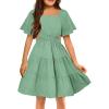 Arshiner Girls Dresses Square Neck Cut Out Shirred Party Cute Tween Dress(Light Green)