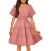 Arshiner Girls Dresses Square Neck Cut Out Shirred Party Cute Tween Dress(Pink)