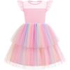 Arshiner Toddler Girls Tutu Sundress Ruffle Sleeve Double Fluffy Tiered Tulle Summer Dresses for Kids 2-8Y(Pink Rainbow)