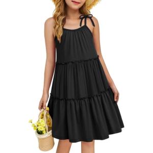 Arshiner Girl Summer Dresses Tween Boho Spaghetti Strap A-Line Swing Flowy Ruffle Tiered Sundress with Pockets(Black)