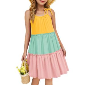 Arshiner Girl Summer Dresses Tween Boho Spaghetti Strap A-Line Swing Flowy Ruffle Tiered Sundress with Pockets(Rainbow)