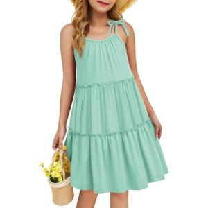 Arshiner Girl Summer Dresses Tween Boho Spaghetti Strap A-Line Swing Flowy Ruffle Tiered Sundress with Pockets(Sage Green)